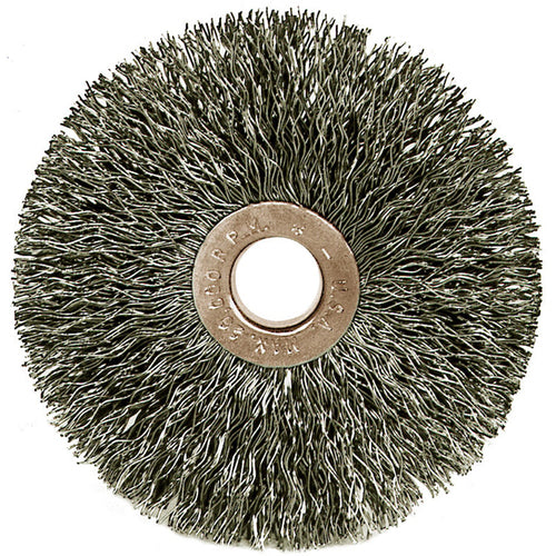 ‎1-1/2″ Small Diameter Crimped Wire Wheel, .005″ Stainless Steel Fill, 3/8″ Arbor Hole - Caliber Tooling