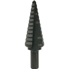 Greenlee - Step Drill Bits; Minimum Hole Diameter (Inch): 3/16 ; Maximum Hole Diameter (Inch): 7/8 ; Drill Bit Material: Steel ; Drill Bit Finish/Coating: Steam Oxide ; Number of Hole Sizes: 12 ; Shank Type: 3-Flat