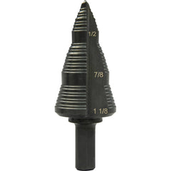 Greenlee - Step Drill Bits; Minimum Hole Diameter (Inch): 3/16 ; Maximum Hole Diameter (Inch): 1-1/8 ; Drill Bit Material: Steel ; Drill Bit Finish/Coating: Steam Oxide ; Number of Hole Sizes: 4 ; Shank Type: 3-Flat - Exact Industrial Supply