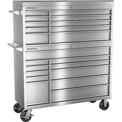 Tool Storage Combos & Systems; Type: Top Chest/Roller Cabinet Combo; Drawers Range: 16 Drawers or More; Number of Pieces: 2; Width Range: 48″ and Wider; Depth Range: 18″ and Deeper; Height Range: 60″ and Higher; Color: Silver; Number of Drawers: 21; Chest