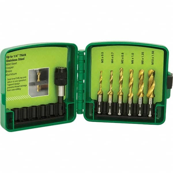 Greenlee - Combination Drill & Tap Sets Minimum Thread Size (mm): M3x0.50 Maximum Thread Size (mm): M10x1.50 - Caliber Tooling