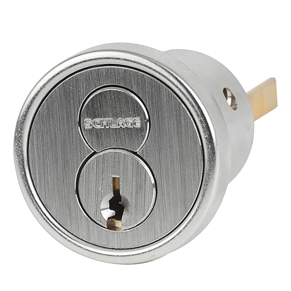 Schlage - Cylinders; Type: Rim ; Keying: E Keyway ; Number of Pins: 6 ; Material: Brass ; Finish/Coating: Satin Chrome - Exact Industrial Supply