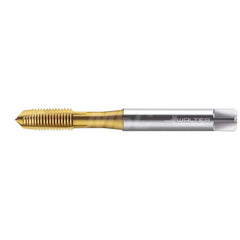 Spiral Point Tap: 3/8-24, UNF & DIN 371, 3 Flutes, Plug, 2B, HSS-E, TiN Finish 20 mm Thread Length, 100 mm OAL, Right Hand, Series TC216