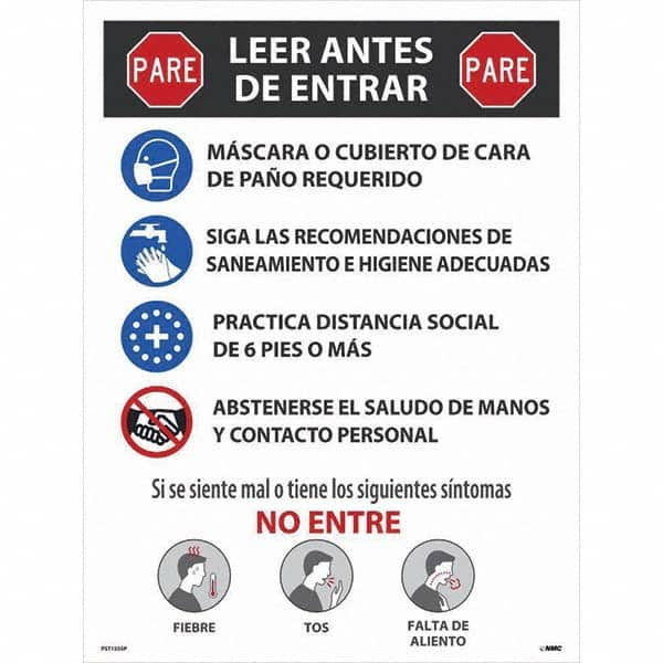 NMC - "COVID-19 - PARE - Leer Antes De Entrar", 18" Wide x 24" High, Paper Safety Sign - Caliber Tooling