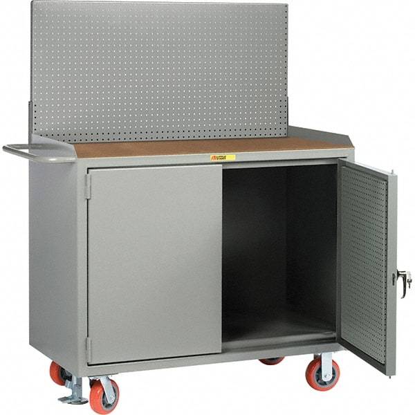 Little Giant - 3,600 Lb Capacity, 2 Shelf, 2 Door Mobile Bench Cabinet with Pegboard Panel Doors - 41" Wide x 24" Deep x 43" High, Steel, Gray - Caliber Tooling