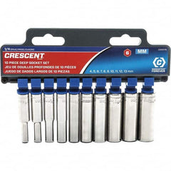 Deep Socket Set: 10 Pc 4 to 13 mm Socket, 6 Point, Polished