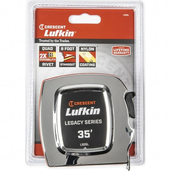 Lufkin - Tape Measures; Length (Feet): 35.00 ; Width (Inch): 1 ; Graduation (Inch): 1/32; 1/16 ; Blade Material: Steel ; Case Material: Chrome ; Blade Color: Yellow - Exact Industrial Supply