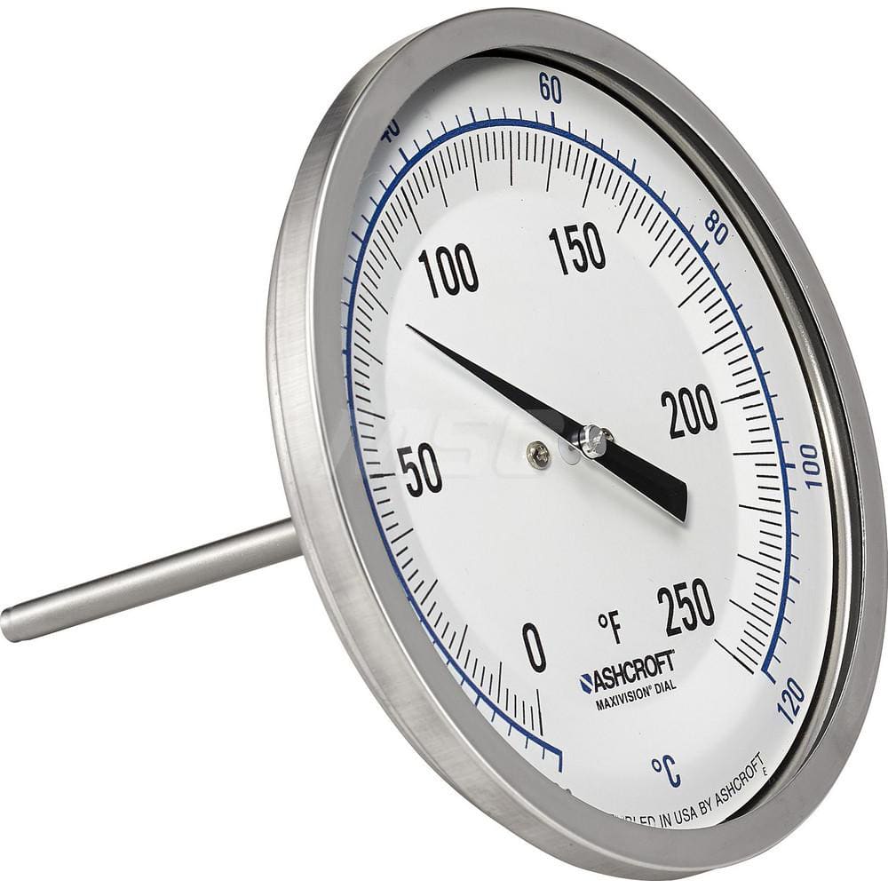 Bimetal & Dial Thermometers; Type: Bi-Metal Thermometer; Mount: Back Connected; Stem Length (Inch): 2-1/2; Dial Diameter: 5; Minimum Temperature (F): 0.000; Minimum Temperature (C): -20.00; Maximum Temperature (F): 250.000; Maximum Temperature (C): 120.00