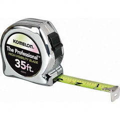 Tape Measure: 35' Long, 1″ Width, High-Visibility Yellow & White Blade 1/16″ Graduation, Inch Graduation