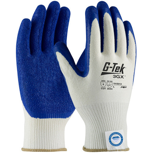 ‎19-D313/L Coated Gloves - G-Tek 3GX Dyneema Diamond - 13G White Shell - Blue Latex Crinkle Grip - A4 - Exact Industrial Supply