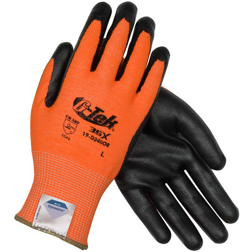 19-D340OR/L Coated Gloves - G-Tek 3GX Dyneema Diamond - Hi-Vis Orange 13G - Black Nitrile Foam - A4 - Exact Industrial Supply