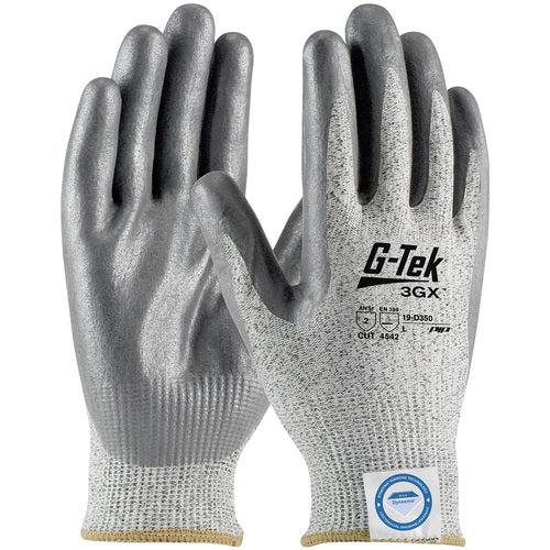 19-D350/L Coated Gloves - G-Tek 3GX Dyneema Diamond - S&P 13G Shell - Gray Nitrile Foam Grip - A2 - Exact Industrial Supply