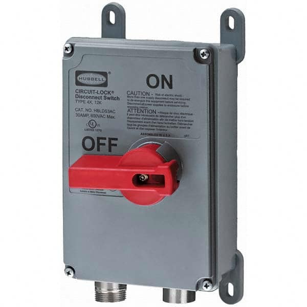 Cam & Disconnect Switches; Enclosure Type: Enclosed; Fused: Non-Fused; Horsepower: 1 - 50; Number of Phases: 3; Amperage: 30 A; Contact Form: 3PST; Voltage: 600 V ac; Horsepower at 1 Phase: 1 @ 200-208 V; Horsepower at 3 Phase: 100 @ 600 V; Number of Pole