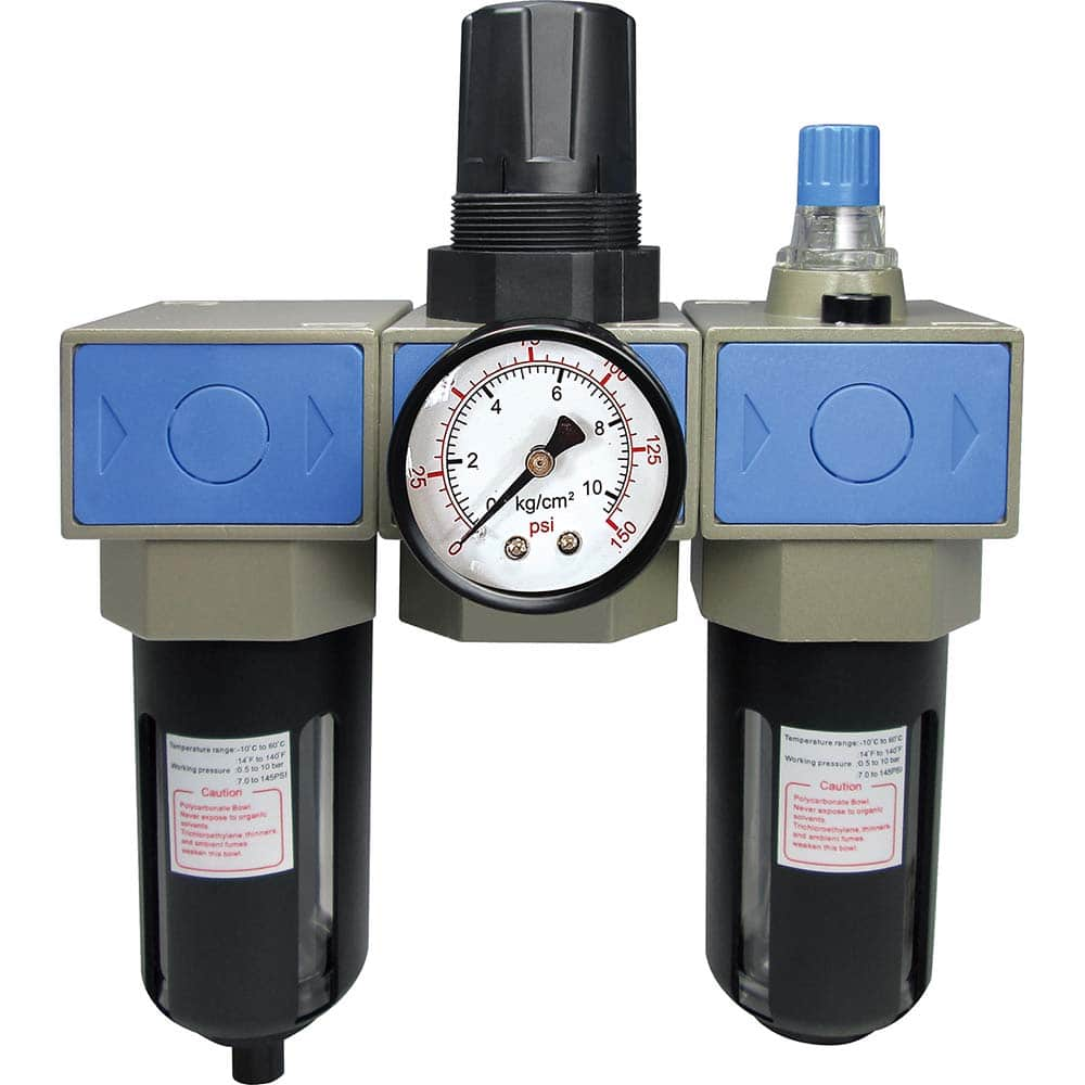 FRL Combination Unit: 3/8 NPT, Intermediate with Pressure Gauge 74.15 SCFM, 145 Max psi, Aluminum Bowl, Semi-Automatic Drain