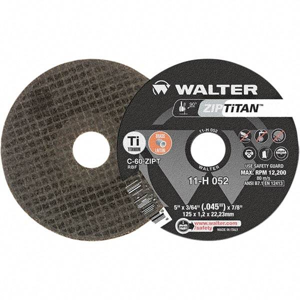 WALTER Surface Technologies - 5" Aluminum Oxide Cutoff Wheel - 3/64" Thick, 7/8" Arbor, 12,200 Max RPM, Use with Die Grinders - Caliber Tooling