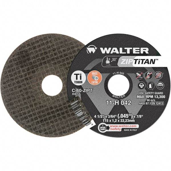 WALTER Surface Technologies - 4-1/2" Aluminum Oxide Cutoff Wheel - 3/64" Thick, 7/8" Arbor, 13,300 Max RPM, Use with Die Grinders - Caliber Tooling