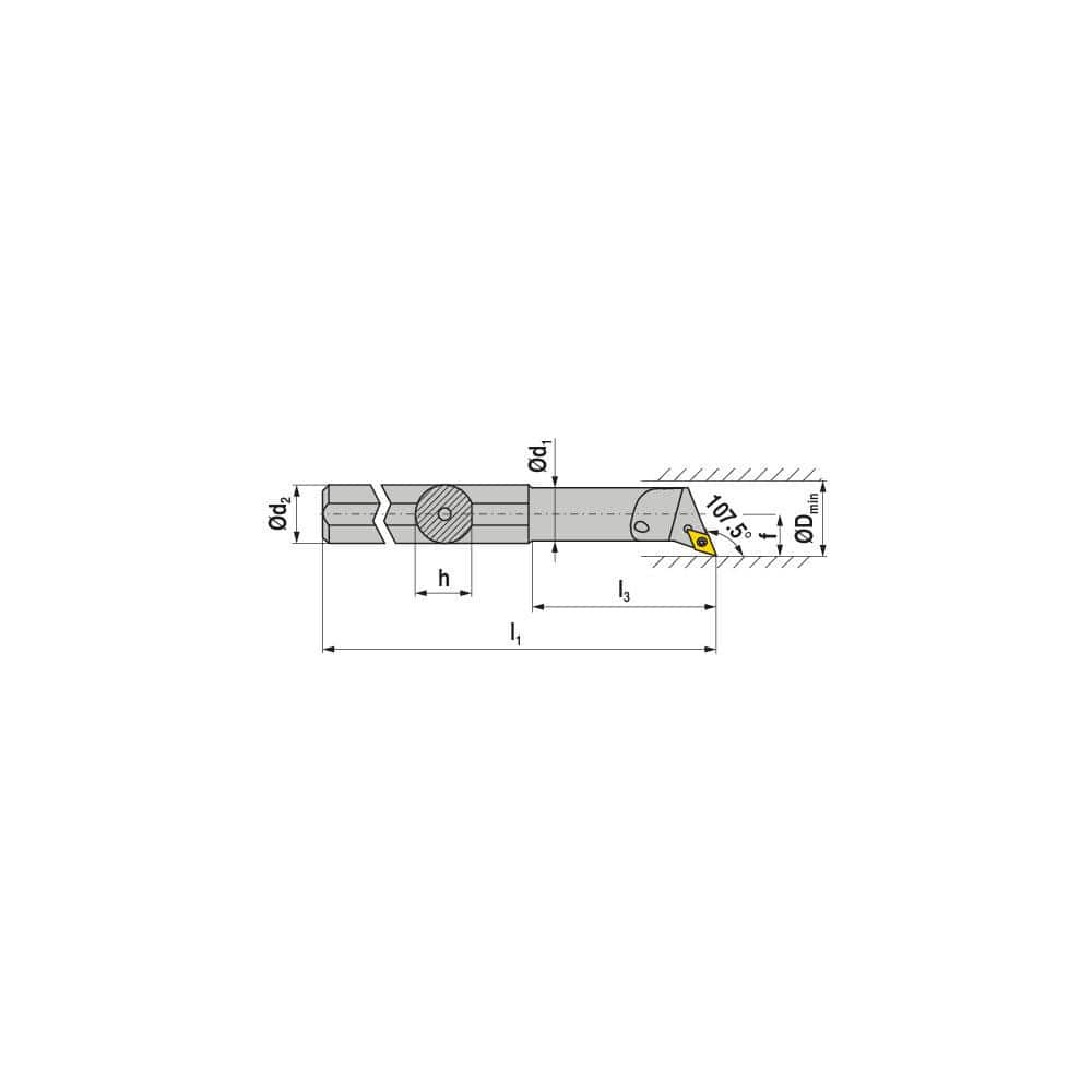 Indexable Boring Bar:  E-A0810H SDQCL 07,  12.50 mm Min Bore,  10.00 mm Shank Dia,  107.50&deg N/A Solid Carbide 100.0000″ OAL,  Screw Clamping,