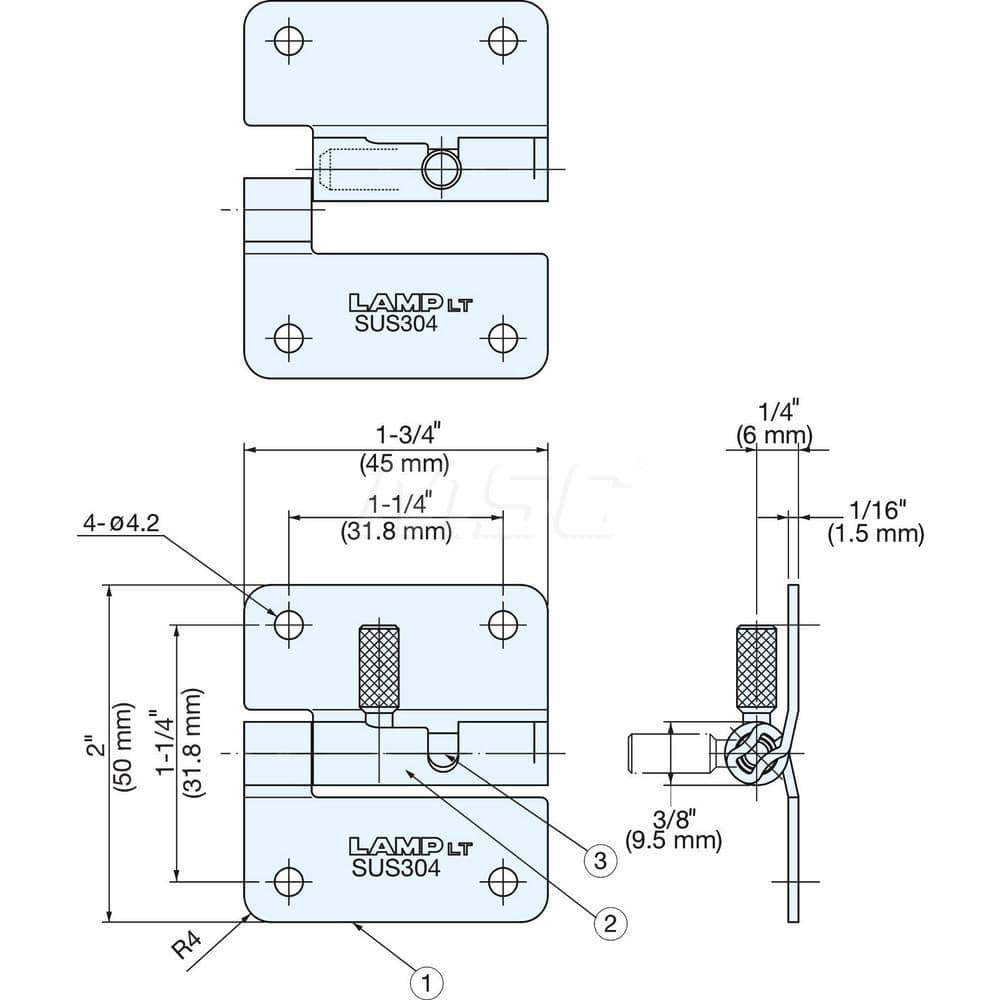 Quick Release Hinge: 4 Mounting Holes Stainless Steel, Satin Finish