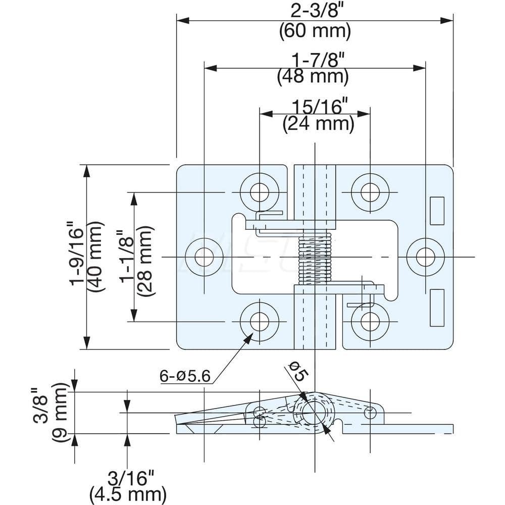 Opening Tension Butt With Spring Hinge: 6 Mounting Holes Stainless Steel, Plain Finish