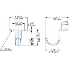 All-Purpose & Utility Hooks; Overall Length (Inch): 2-21/64; Overall Length (mm): 59.0000; Finish/Coating: Satin; Maximum Load Capacity: 22.00; Width (Inch): 1-45/64; Additional Information: Projection: 18 mm; Minimum Order Quantity: 304 Stainless Steel;