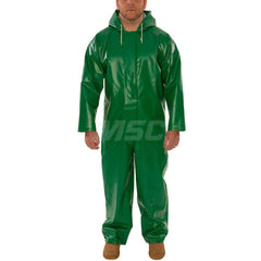 Coveralls: Size 5X-Large, PVC on 150D Polyester Green, 31″ Inseam, Snaps & Zipper Closure