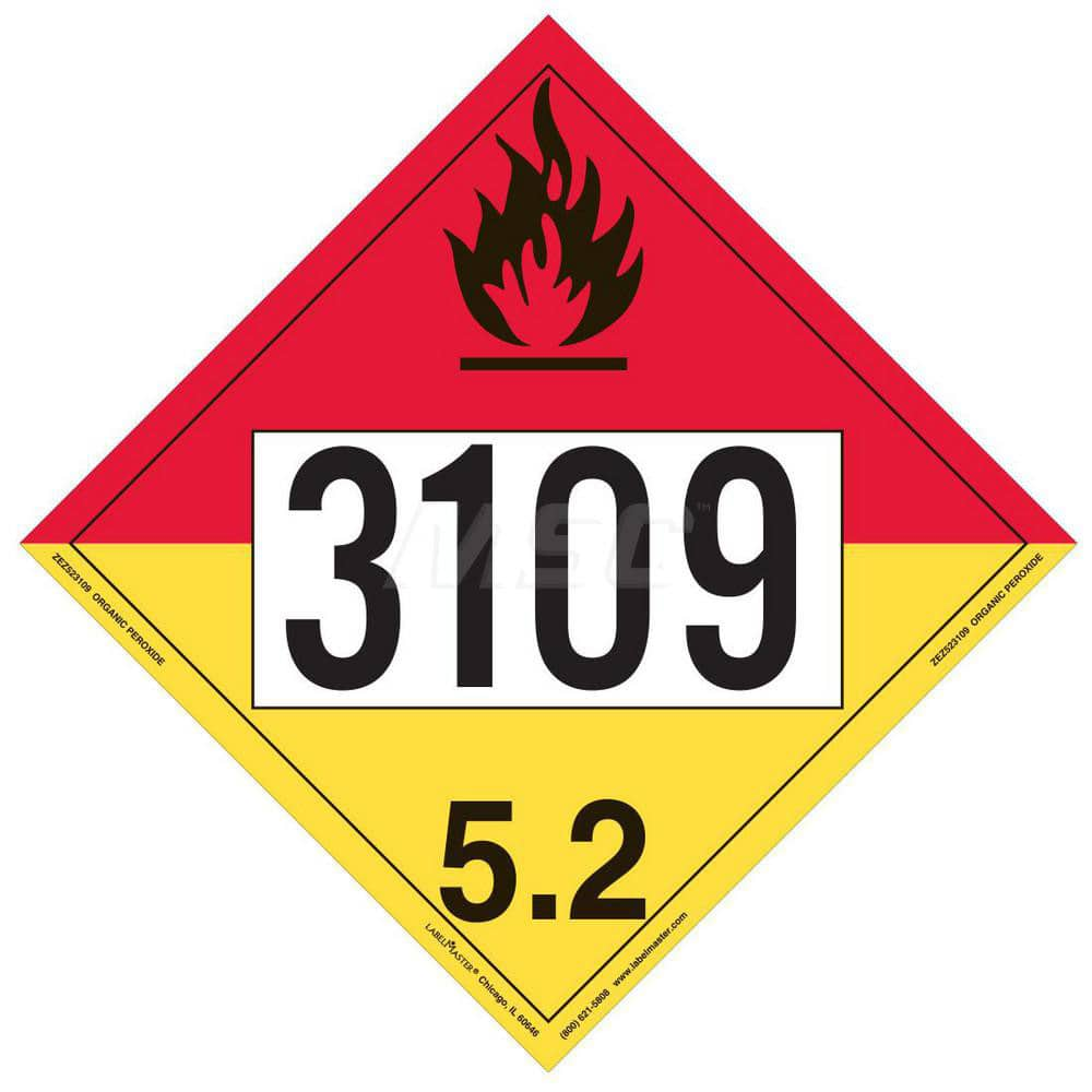 DOT Placards & Holders; Type: Placard; Legend: Organic Peroxide; Legend: Organic Peroxide; Material: Vinyl; Message or Graphic: Organic Peroxide; Legend Color: Red; Yellow; Material: Vinyl; Compliance Specifications: DOT 49 CFR 172.519; Placard Coating: U