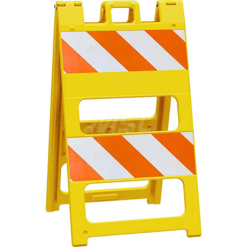 Traffic Barricades; Type: Type II; Barricade Height (Inch): 45; Material: Plastic; Barricade Width (Inch): 25; Reflective: Yes; Compliance: MASH Compliant; MUTCD; Color: Yellow; Weight (Lb.): 16.0000; Top Panel Height (Inch): 8; Top Panel Width (Inch): 24