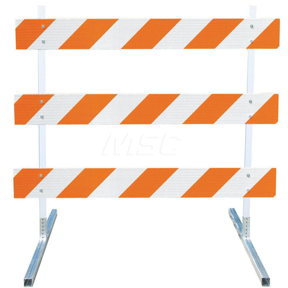 Traffic Barricades; Type: Type III; Barricade Height (Inch): 63; Material: Plastic Board; Polymer Plastic Upright; Galvanized High Carbon Steel Feet; Barricade Width (Inch): 96; Reflective: Yes; Compliance: MASH Compliant; MUTCD; Weight (Lb.): 19.0000; To