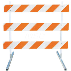 Traffic Barricades; Type: Type III; Barricade Height (Inch): 63; Material: Plastic Board; Polymer Plastic Upright; Galvanized High Carbon Steel Feet; Barricade Width (Inch): 48; Reflective: Yes; Compliance: MASH Compliant; MUTCD; Weight (Lb.): 19.0000; To