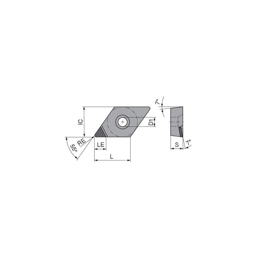 Turning Insert:  DCGT21.50FLA3Q CTDPS30,  Polycrystalline Diamond Uncoated Finish,  Left Hand,  1/4″ Inscribed Circle,  0.0039″ Corner Radius,  55.0 &deg N/A Diamond,  Series  DCGT