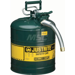 Justrite - Safety Dispensing Cans; Capacity: 5 Gal. ; Material: Steel ; Color: Green ; Height (Decimal Inch): 17.500000 ; Diameter/Length (mm): 11.75 ; Approval Listing/Regulations: FM Approved; UL; ULC; TUV - Exact Industrial Supply