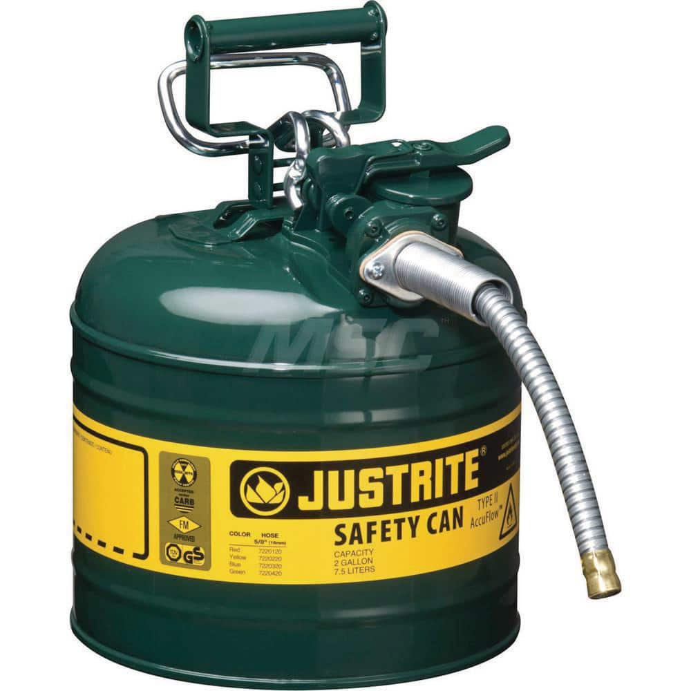 Justrite - Safety Dispensing Cans; Capacity: 2 Gal. ; Material: Steel ; Color: Green ; Height (Decimal Inch): 13.250000 ; Diameter/Length (mm): 9.50 ; Approval Listing/Regulations: FM Approved; UL; ULC; TUV - Exact Industrial Supply