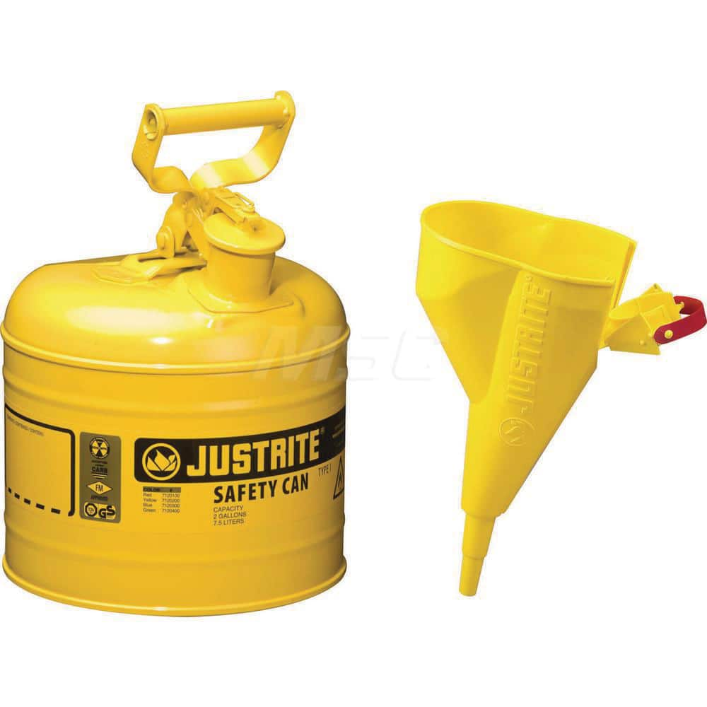 Justrite - Safety Dispensing Cans; Capacity: 2 Gal. ; Material: Steel ; Color: Yellow ; Height (Decimal Inch): 13.750000 ; Diameter/Length (mm): 9.50 ; Approval Listing/Regulations: FM Approved; UL; ULC; TUV - Exact Industrial Supply