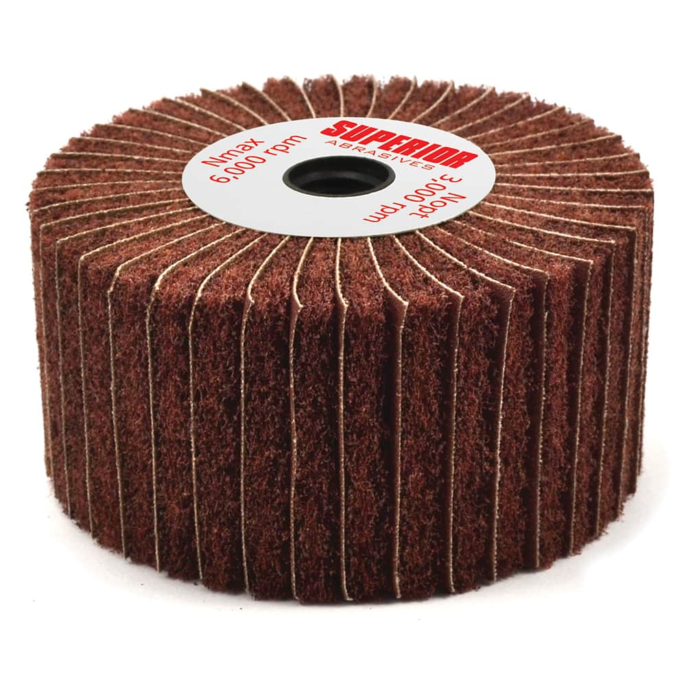 Superior Abrasives - Mounted Flap Wheels; Abrasive Type: Non-Woven ; Outside Diameter (Inch): 4 ; Face Width (Inch): 2 ; Abrasive Material: Aluminum Oxide ; Grit: 100 ; Mounting Type: Arbor - Exact Industrial Supply