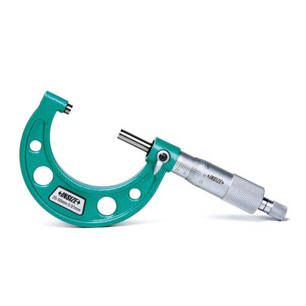 Insize USA LLC - Mechanical Outside Micrometers; Minimum Measurement (mm): 25.00 ; Maximum Measurement (mm): 50.00 ; Graduation (mm): 0.01 ; Features: None ; Thimble Type: Ratchet Stop ; Measuring Face Material: Carbide