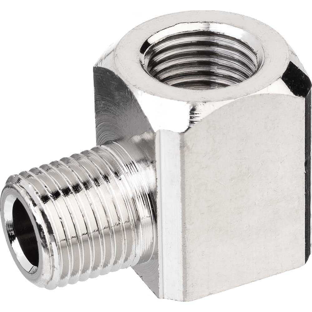 USA Sealing - Brass & Chrome Pipe Fittings; Type: 90 Elbow ; Fitting Size: 1/4 x 1/4 ; End Connections: FNPTF x MNPTF ; Material: Brass ; Pressure Rating (psi): 1000 ; Finish/Coating: Nickel Plated - Exact Industrial Supply