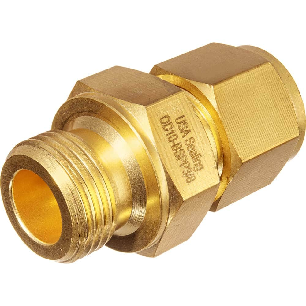 USA Sealing - Metal Compression Tube Fittings; Type: Male Straight Fitting ; End Connections: Tube OD x Male BSPP ; Tube Outside Diameter (mm): 12 ; Thread Size: 1/4 ; Material: Brass ; Compression Style: Double Ferrule - Exact Industrial Supply