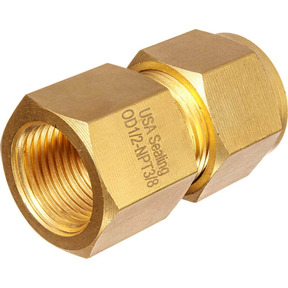 USA Sealing - Metal Compression Tube Fittings; Type: Female Straight Fitting ; End Connections: Tube OD x Male BSPT ; Tube Outside Diameter (Inch): 3/8 ; Thread Size: 3/8 ; Material: Brass ; Compression Style: Double Ferrule - Exact Industrial Supply