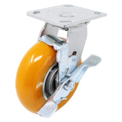 Top Plate Caster: Polyurethane, 6″ Wheel Dia, 2″ Wheel Width, 1,000 lb Capacity, 7-1/2″ OAH 4.5″ Plate Length, 4″ Plate Width, Wheel Lock