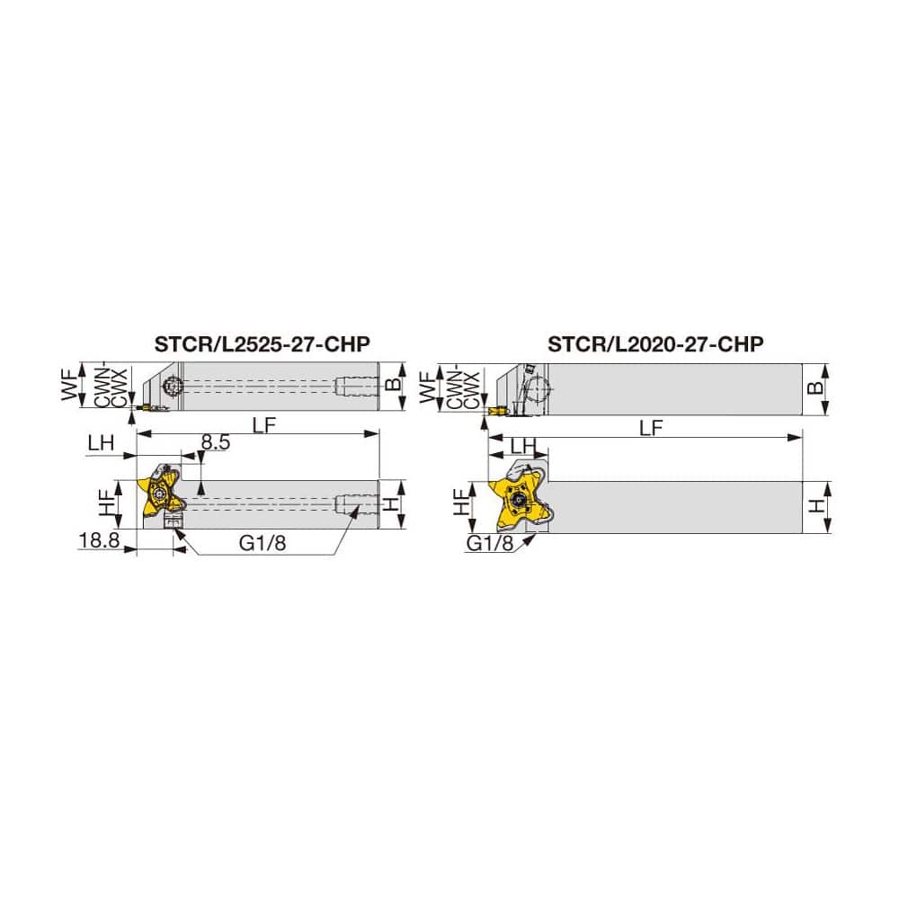 Indexable Grooving Toolholder:  STCR2020-27-CHP, Uses 27 Inserts,  Through Coolant