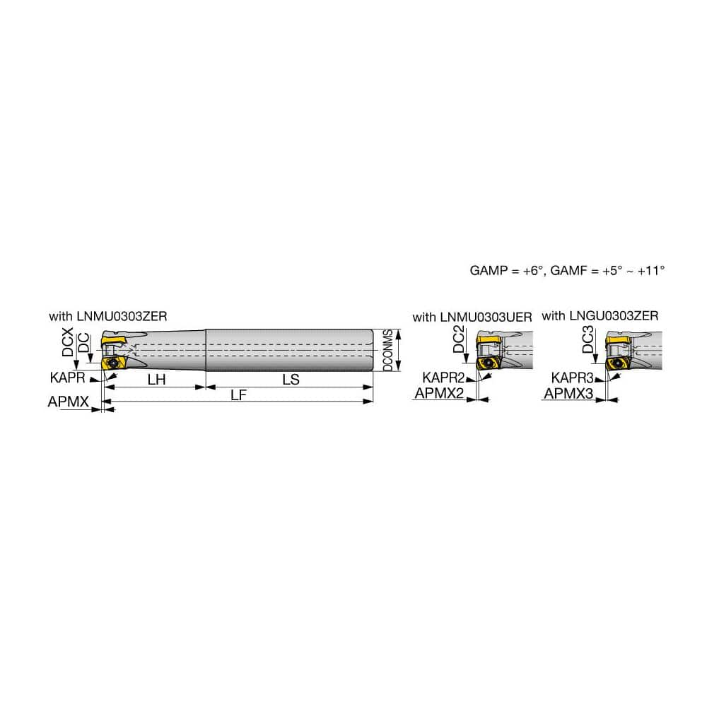 Indexable High-Feed End Mill: 1-1/4″ Cut Dia, 1-1/4″ Straight Shank Uses 6 LNMU Inserts, 0.039″ Max Depth, 6″ OAL, Through Coolant