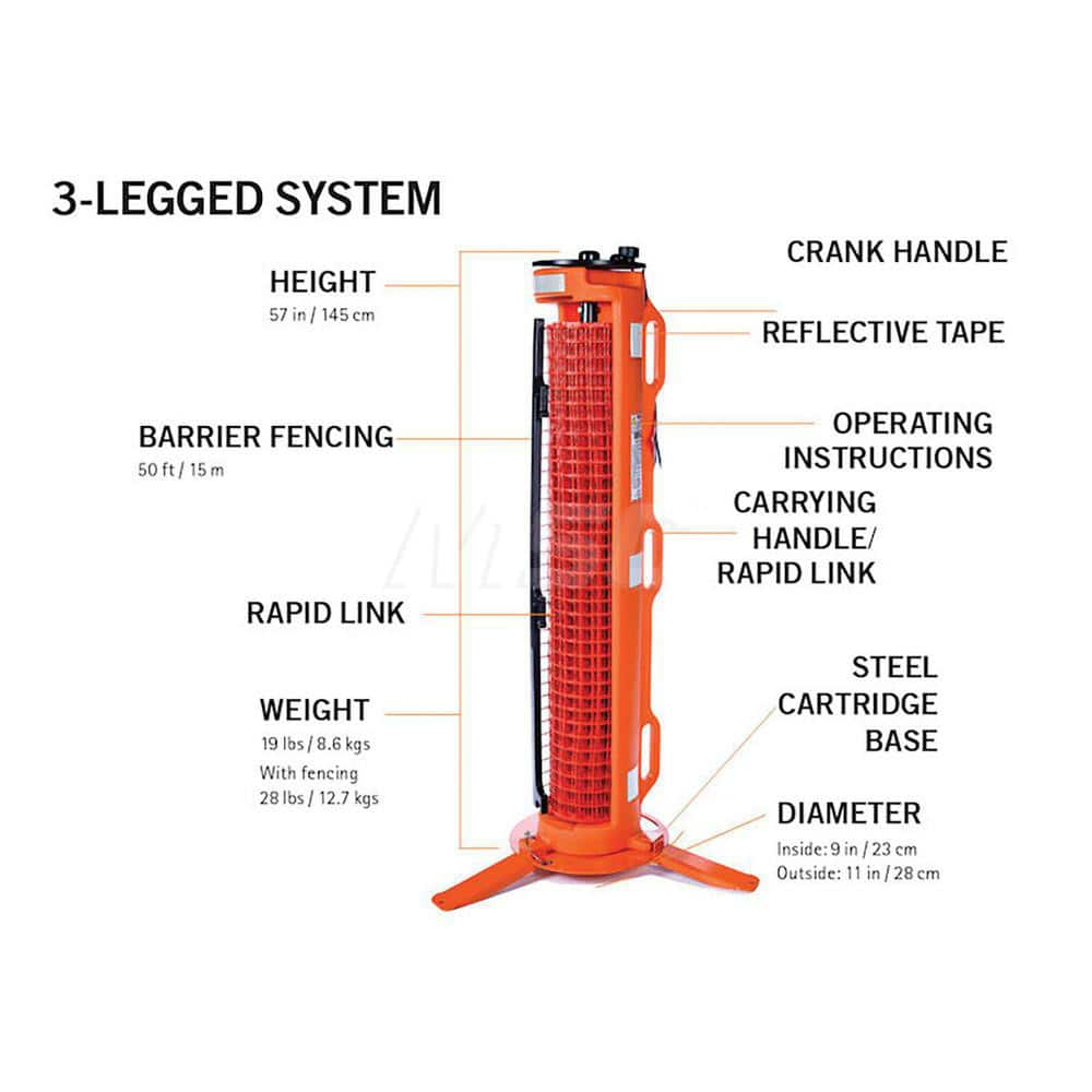 Railing Barriers; Type: Portable Barrier Systems; Barrier Type: Barricade; Mount Type: Portable; Color: Orange; Includes: 50 ™ (15 m) safety orange fencing, 4 posts with end lockout in a post carry bag, 4 rubber base pads and a steel cartridge base.; Heig