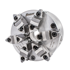 6-Jaw SET-TRU Forged Steel Body Scroll Chuck with Two-Piece Hard Reversible Jaws, Flat Back, 5" - Caliber Tooling