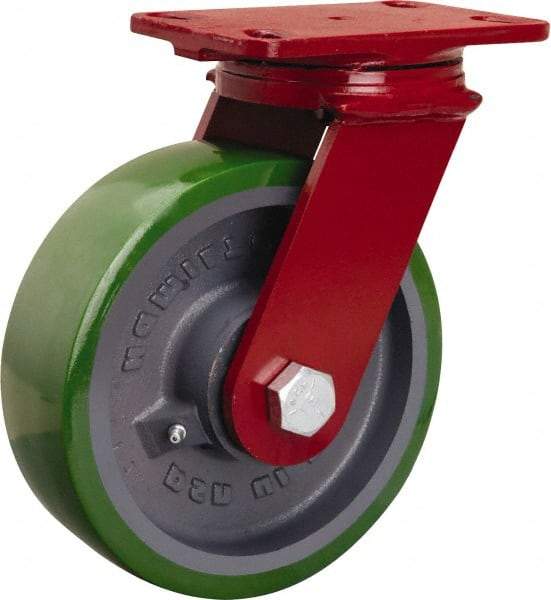 Hamilton - 8" Diam x 2-1/2" Wide x 10-1/8" OAH Top Plate Mount Swivel Caster - Polyurethane Mold onto Cast Iron Center, 2,000 Lb Capacity, Sealed Precision Ball Bearing, 4-1/2 x 6-1/2" Plate - Caliber Tooling