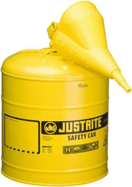 Justrite - 5 Gal Galvanized Steel Type I Safety Can - 16-7/8" High x 11-3/4" Diam, Yellow - Caliber Tooling