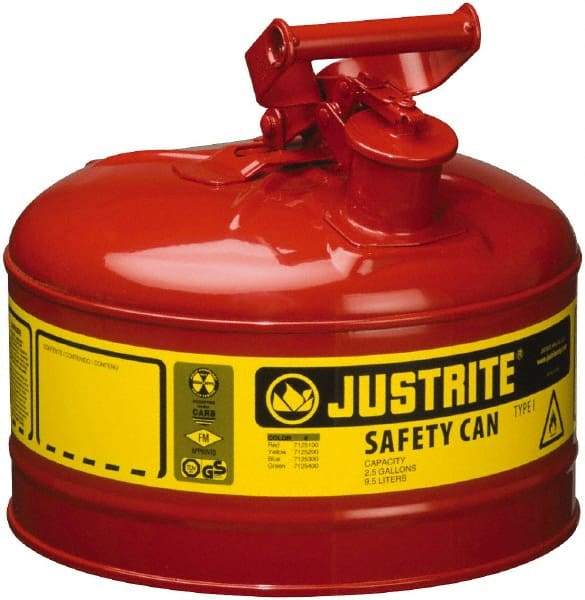 Justrite - 2.5 Gal Galvanized Steel Type I Safety Can - 11-1/2" High x 11-3/4" Diam, Red with Yellow - Caliber Tooling