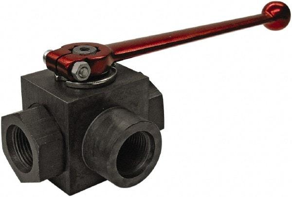 HYDAC - 3/4" Pipe, Full Port, Carbon Steel Full Port Ball Valve - Three Way, NPT Ends, Straight Handle, 6,000 WOG - Caliber Tooling