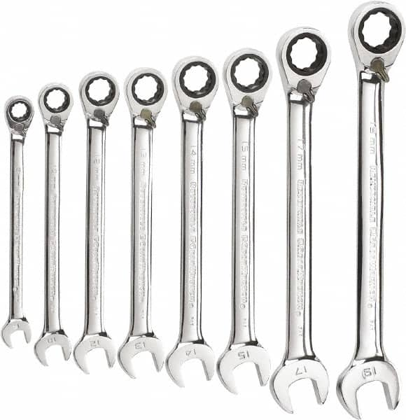 GearWrench - 8 Piece, 8mm to 19mm, 12 Point Reversible Ratcheting Combination Wrench Set - Metric Measurement Standard, Chrome Finish - Caliber Tooling