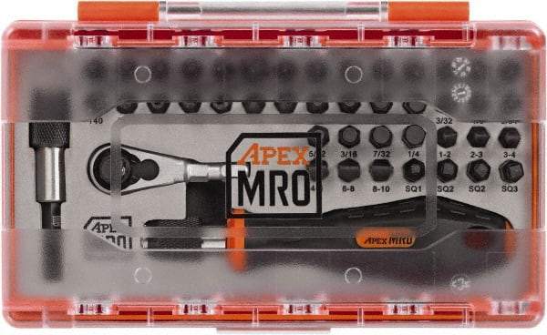 Apex - 45 Piece, 1/4" Drive Screwdriver Mini-Ratchet Bit Kit - PH1, PH2, PH3 & PH4 Phillips, 3/32 to 1/4" Hex, 2 to 6mm Hex, T15, T20, T25, T27, T30 & T40 Torx, PZ1 & PZ2 Pozidriv, SQ1, SQ2 & SQ3 Square Recess, #0 to 1/4 Slotted - Caliber Tooling