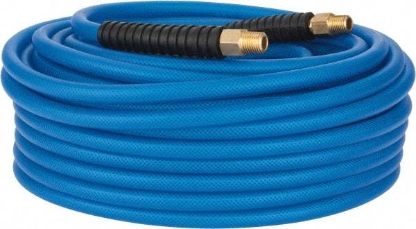 PRO-SOURCE - 1/4" ID x 0.4331" OD 100' Long Multipurpose Air Hose - MNPT(Swivel) x MNPT(Swivel) Ends, 300 Working psi, -40 to 176°F, 1/4" Fitting, Transparent Blue - Caliber Tooling